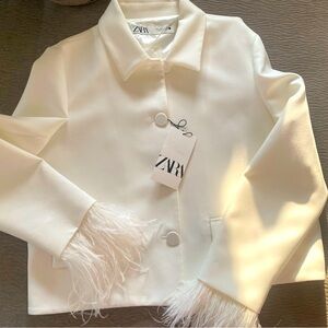 ZARA Women's Cream Feather-Accent Blazer - Size L - NEW